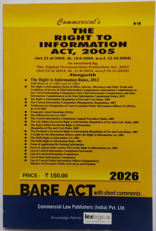 RTI- The Right to Information Act, 2005 Bare Act | Commercial's | 2026 Edition