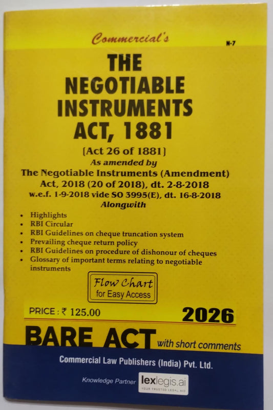 The Negotiable Instruments Act, 1881 Bare Act | Commercial Law Publishers | 2026 Edition